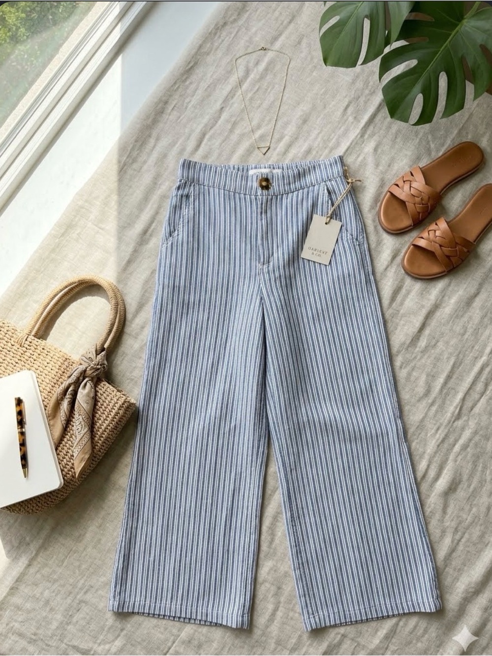 Hollister Blue & White Vertical-Stripe Wide-Leg Pants